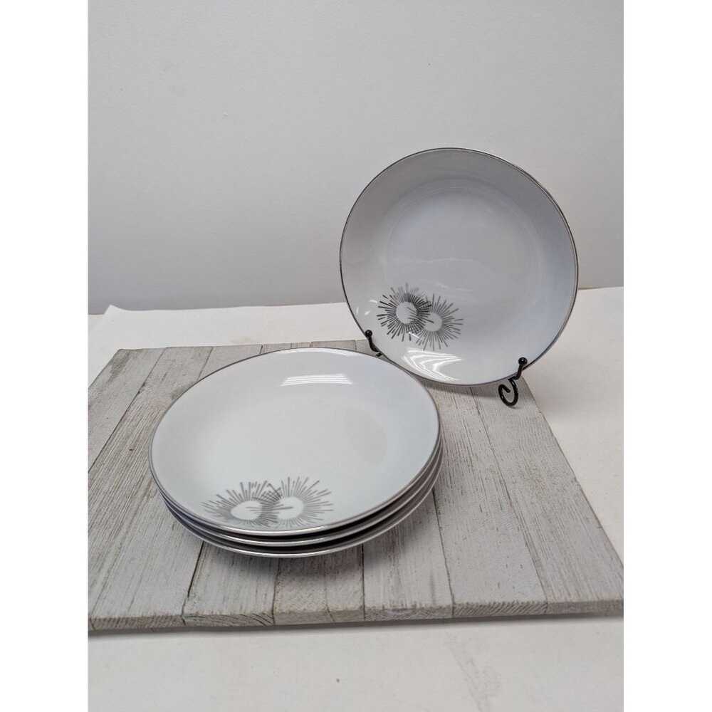 Vintage Kutani Set 4 Soup Cereal Bowls 7 5/8" White Silver Gray Bursts Japan